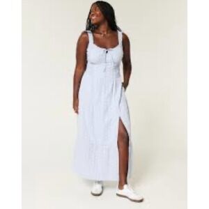 Hollister Sofia Dress Side Smocked Blue Eyelet Maxi Pockets Party Travel Sz L